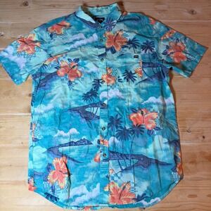 Billabong Men's L Tropical Palm Tree Short Sleeve Button Down Shirt Teal Blue